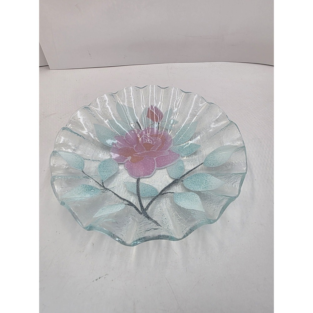 Sydenstricker Style Signed Ruffled‎ Art Glass Fluted Bowl Pink Flower 8"